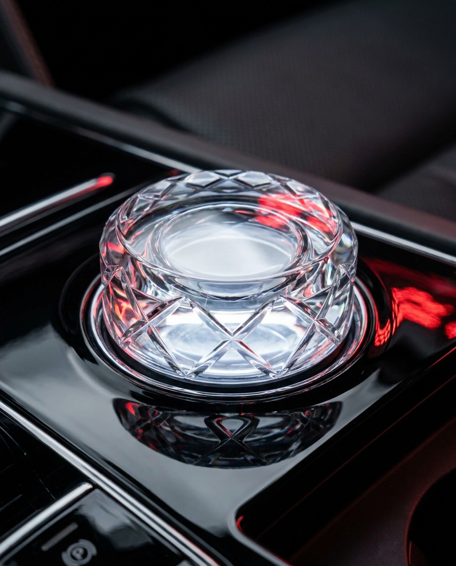 Crystal glass rotary dial glowing from within, red cabin light in its facets