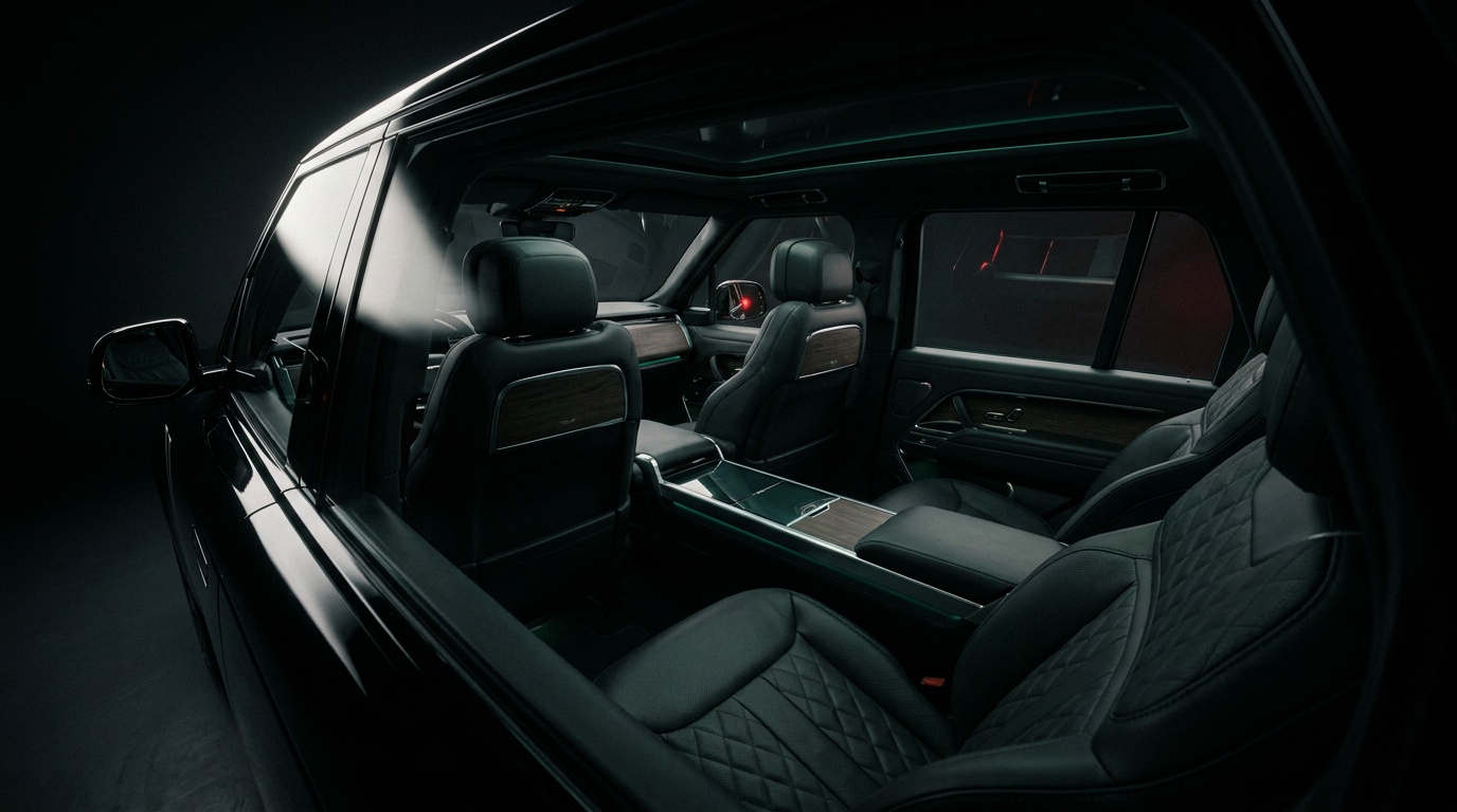Torcal concept cabin — diamond-quilted seats and floating veneer deck in emerald ambient light