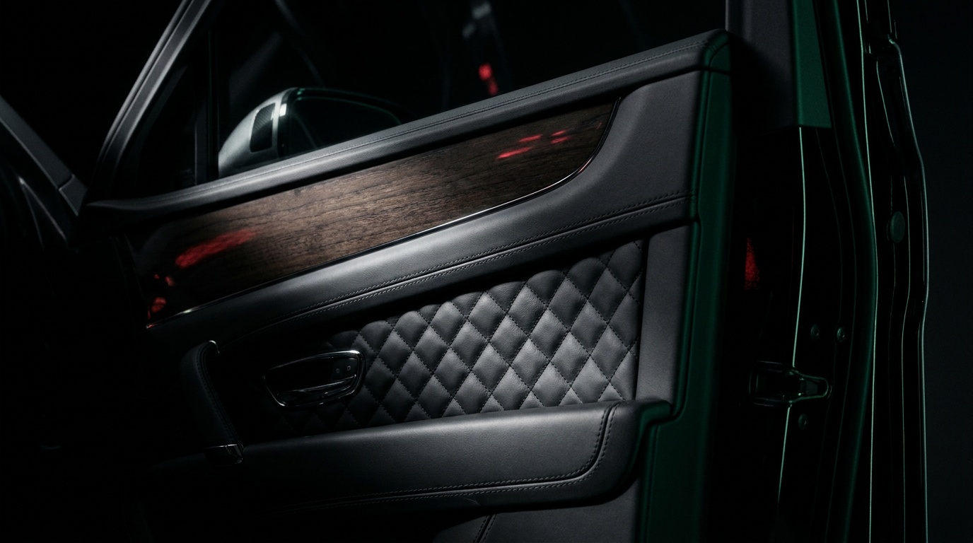 Hand-stitched quilted leather and open-pore veneer door panel