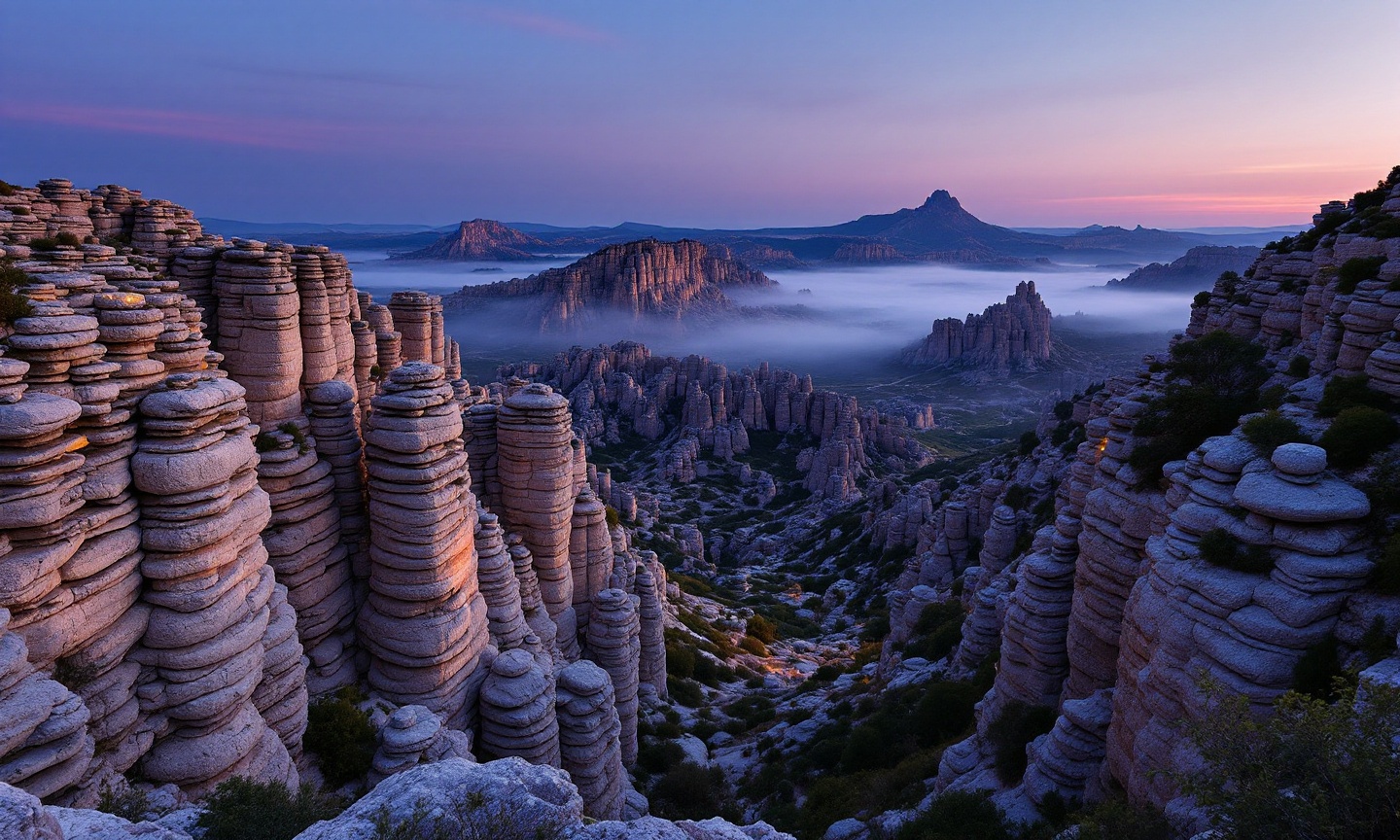 El Torcal de Antequera — stacked limestone karst towers at dusk, Andalusia, Spain